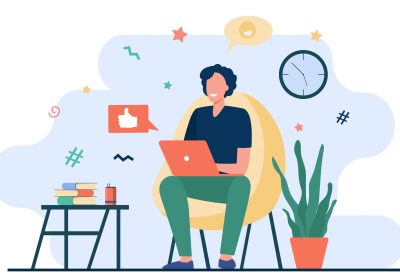 Happy freelancer with computer at home. Young man sitting in armchair and using laptop, chatting online and smiling. Vector illustration for distance work, online learning, freelance concept