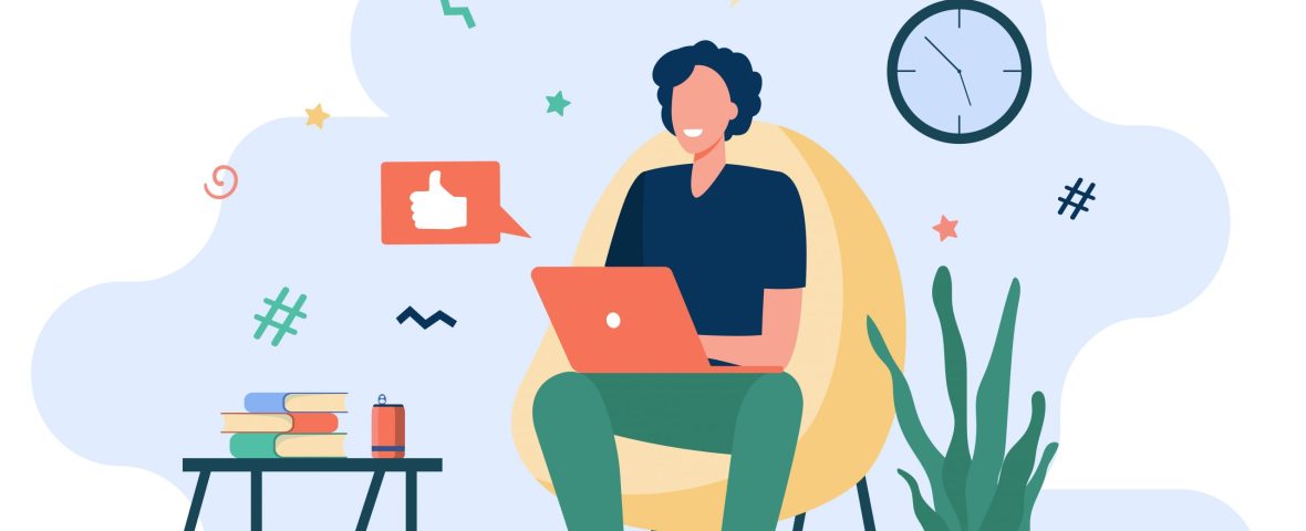 Happy freelancer with computer at home. Young man sitting in armchair and using laptop, chatting online and smiling. Vector illustration for distance work, online learning, freelance concept